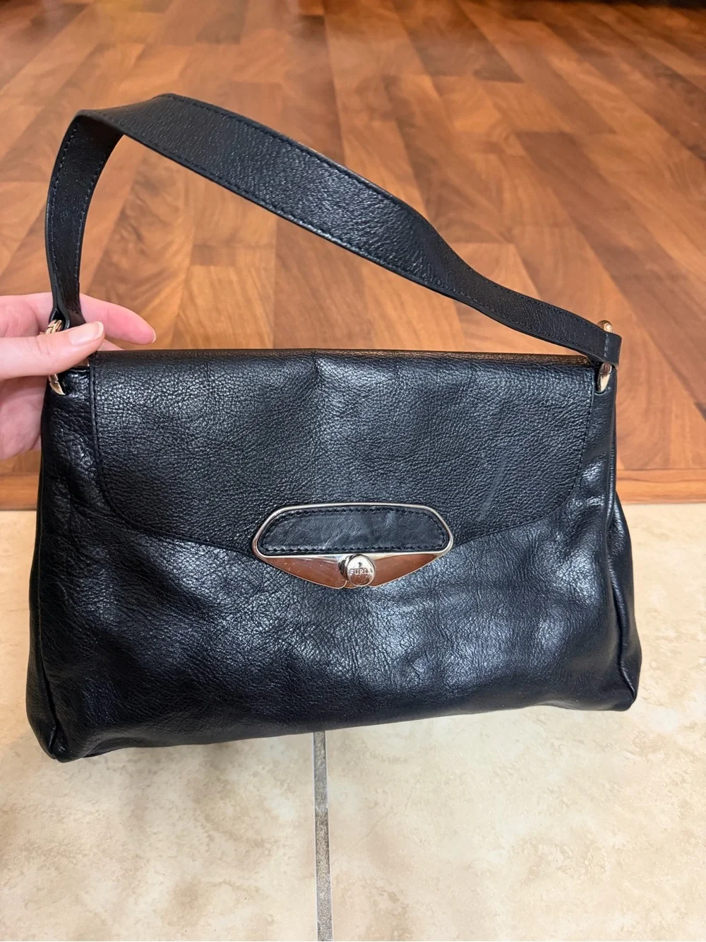 Furla Black Leather Shoulder Bag with Silver Hardware